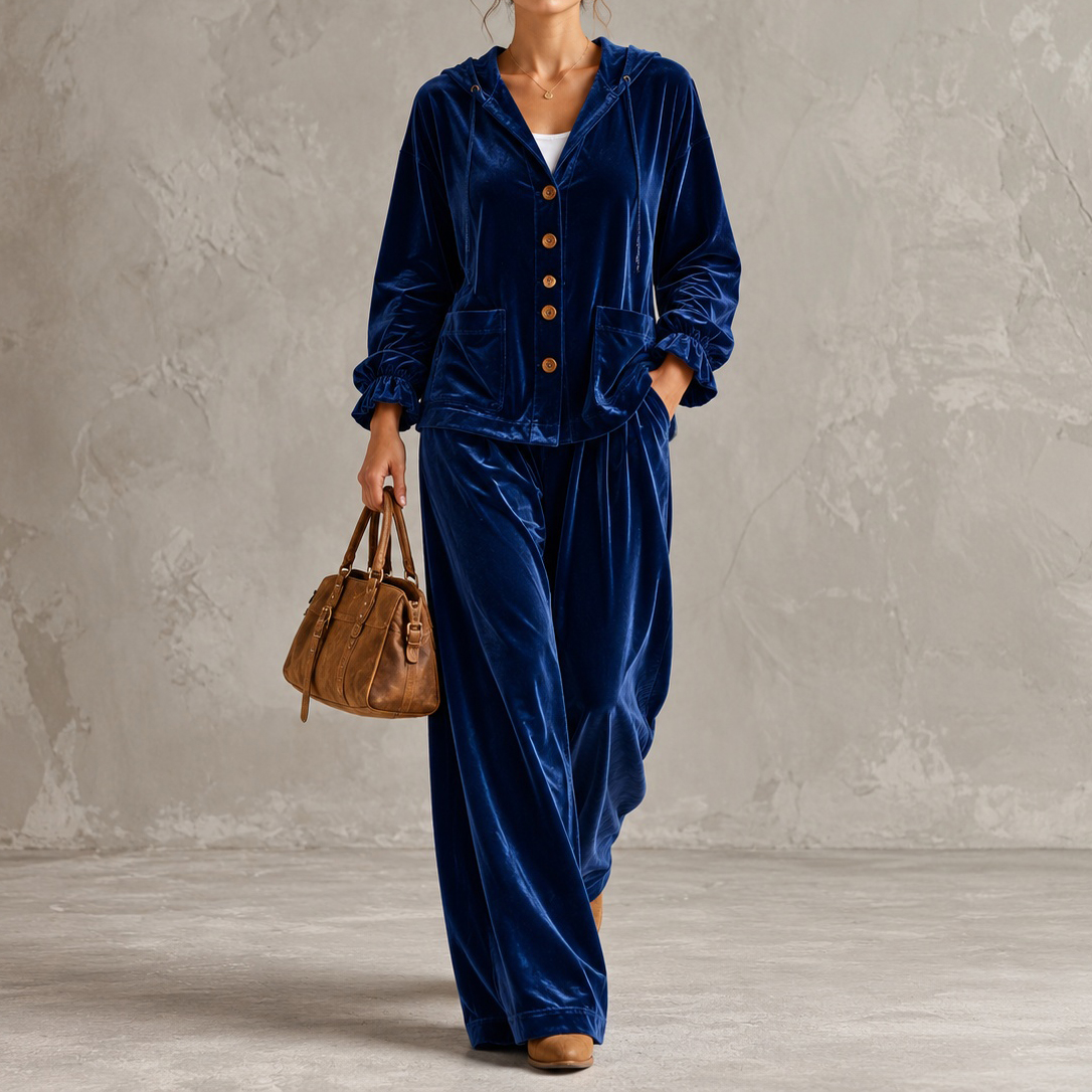 Elegance Velvet Hooded Cardigan And Wide-leg Pants Set