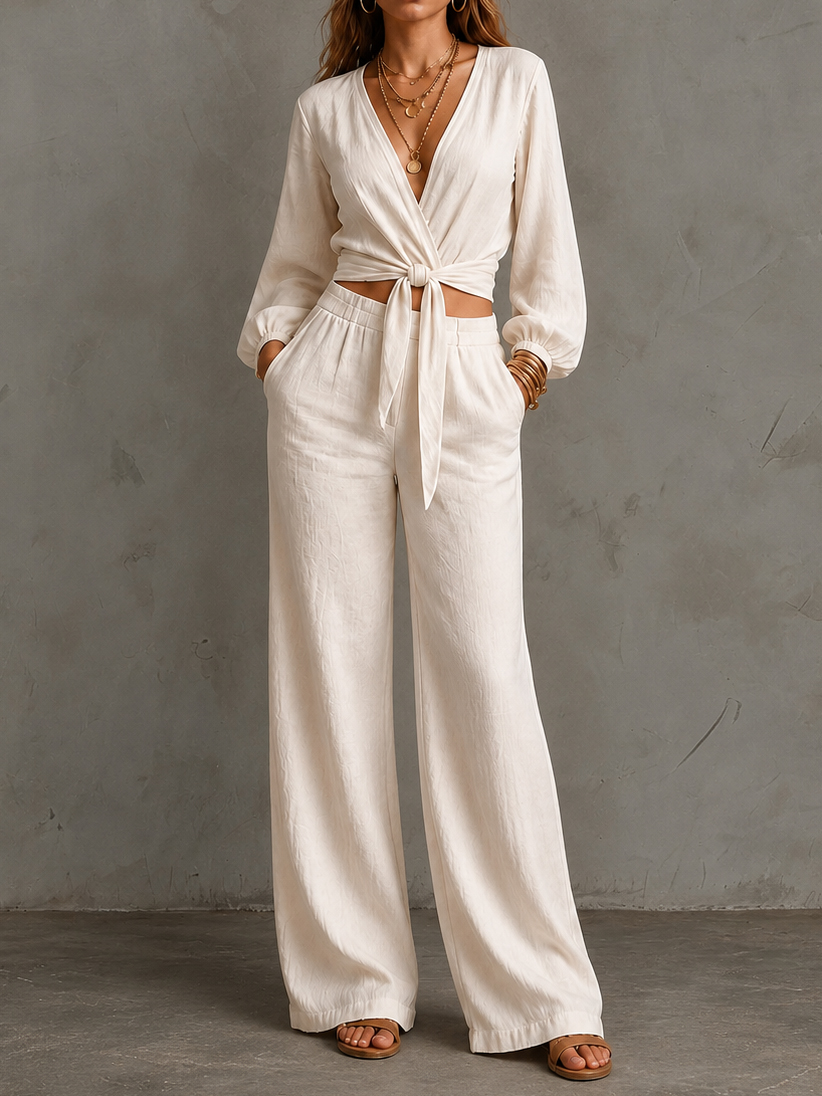 Fitted Waist Belted V-neck Top And Wide-leg Pants Two-piece Set