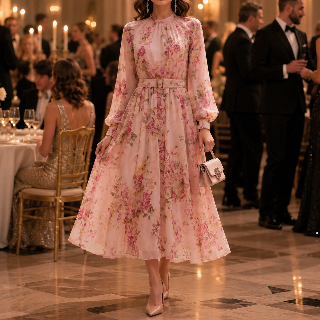 Elegant Printed Long-sleeved Fitted Waist Tie Maxi Dress