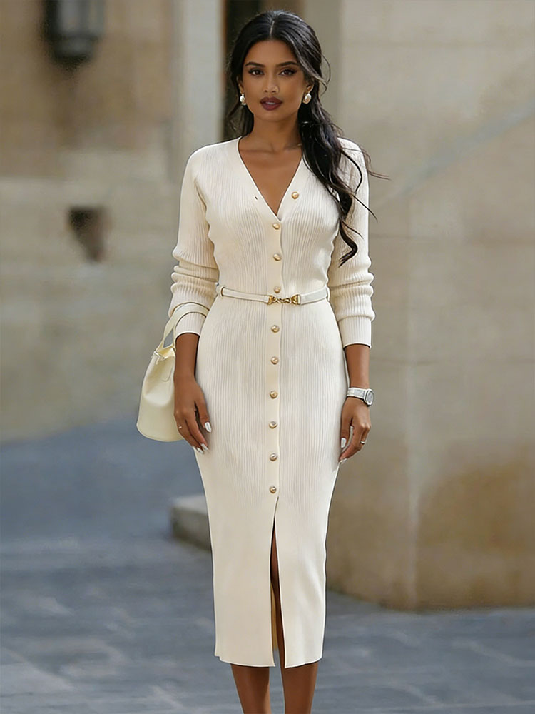 Elegant Buttoned V Neck Cozy Knit Maxi Dress