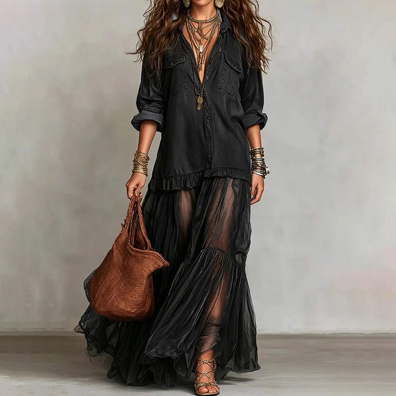 Retro Lapel Denim Splicing Mesh Casual Pocket Dress