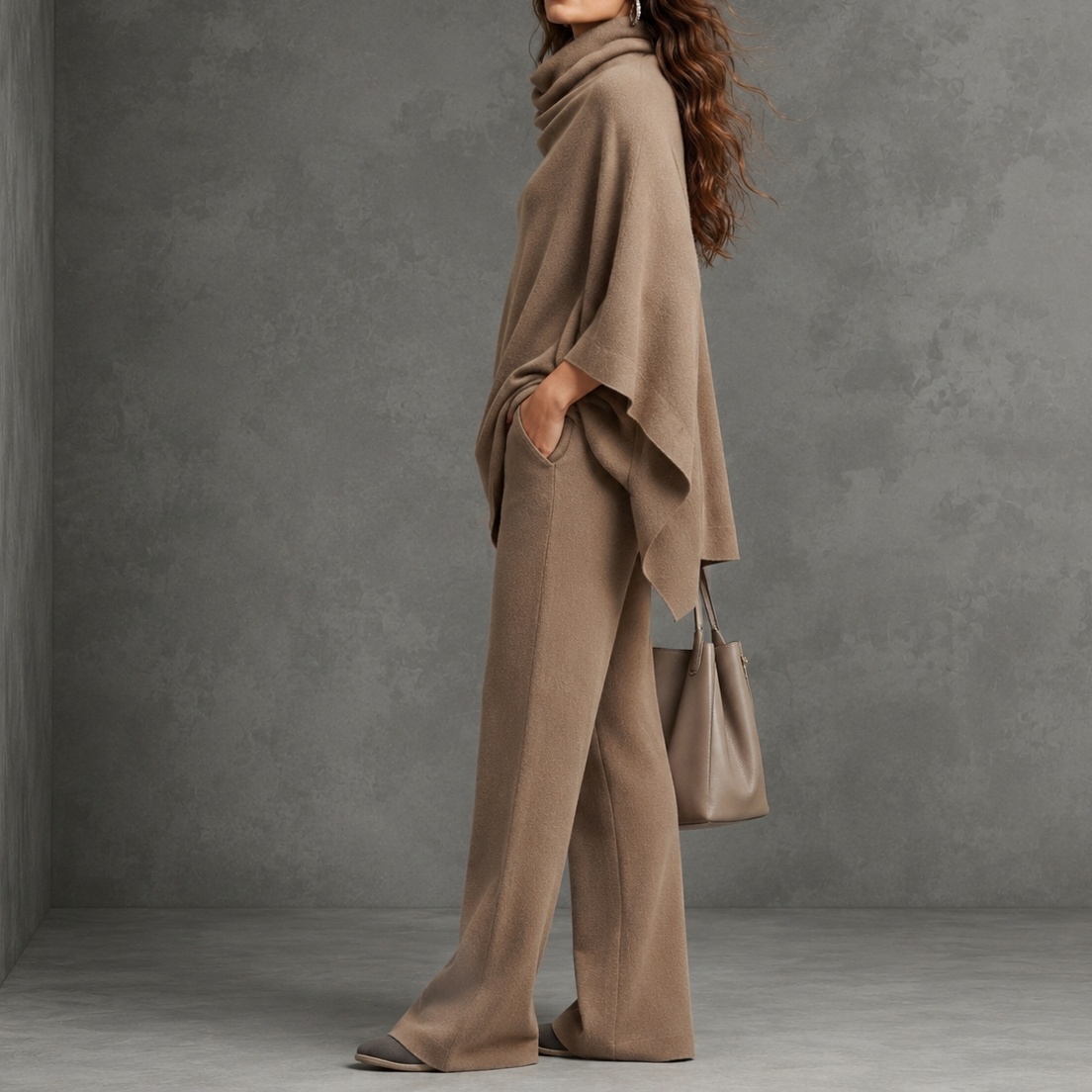 Retro Turtleneck Cape Cloak Top And Wide-leg Pants Two-piece Set