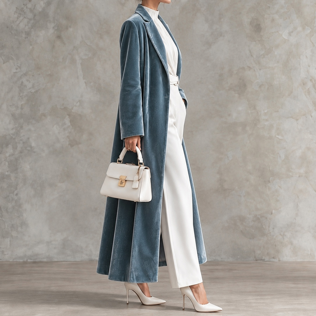 Elegant Long Velvet Coat With Lapels