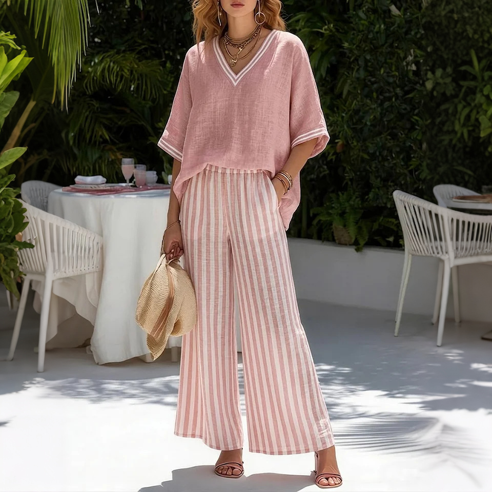 Loose V-neck Short-sleeved Top And Striped Wide-leg Pants Two-piece Set