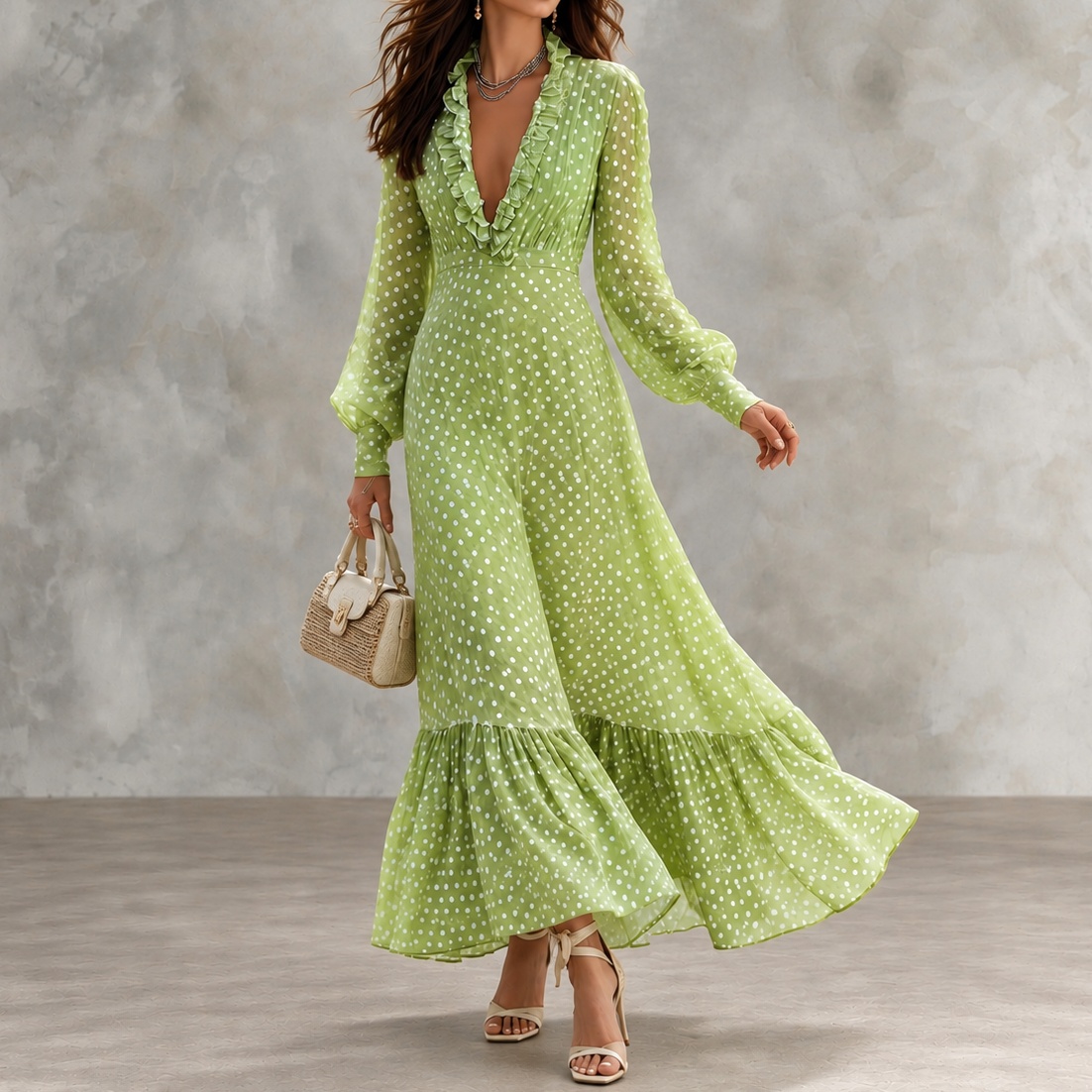 Polka-dot Deep-V Maxi Dress