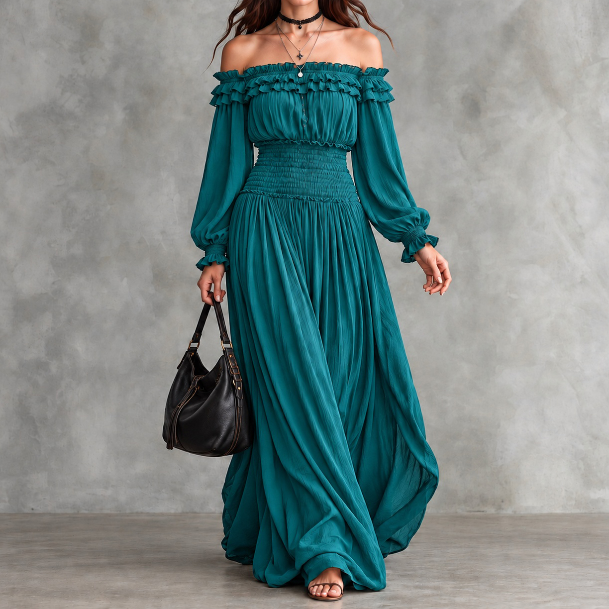 Off-the-shoulder Long-sleeved Ruffled Maxi Dress