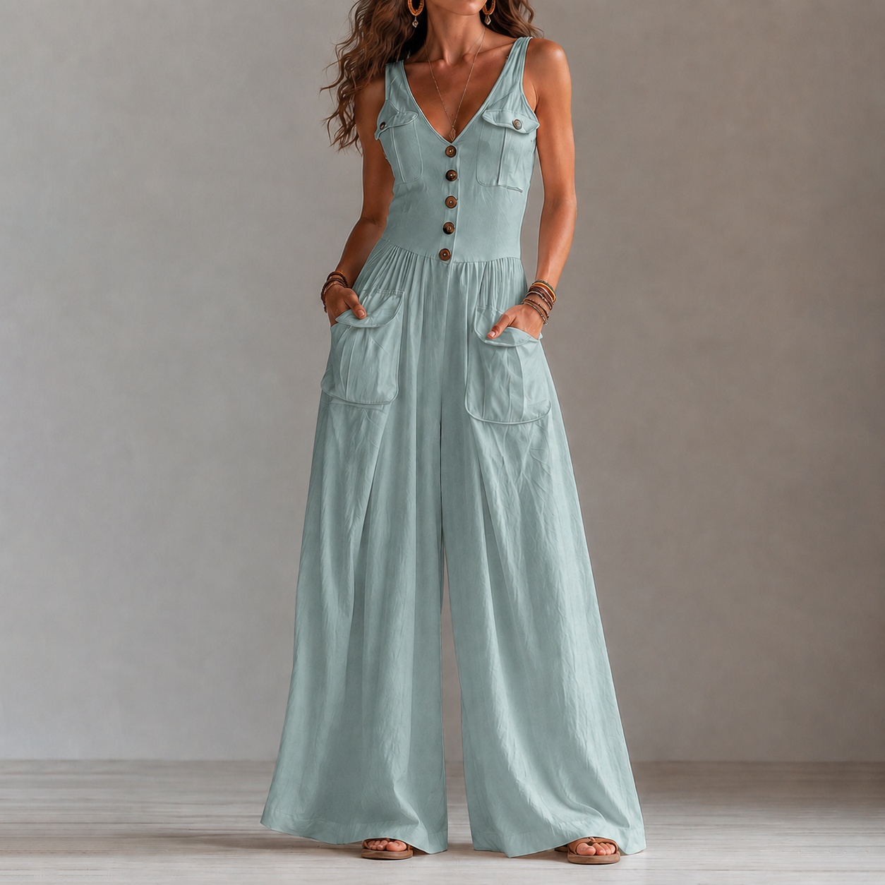 Retro V-neck Button-down Vest Jumpsuit