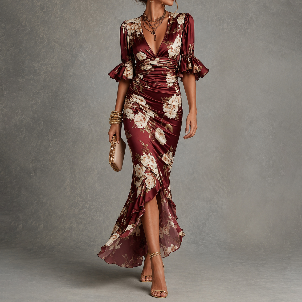 Retro V-neck Printed Ruffles Maxi Dress