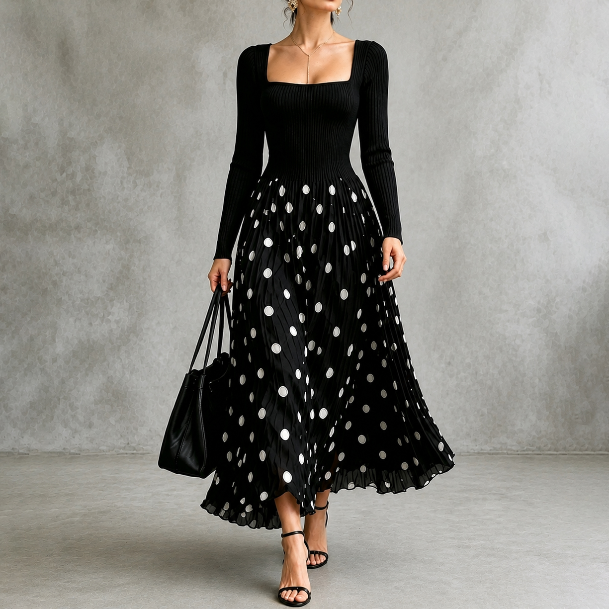 Elegant Stretch Fabric Polka Dot Square Neck Long Sleeve Maxi Dress