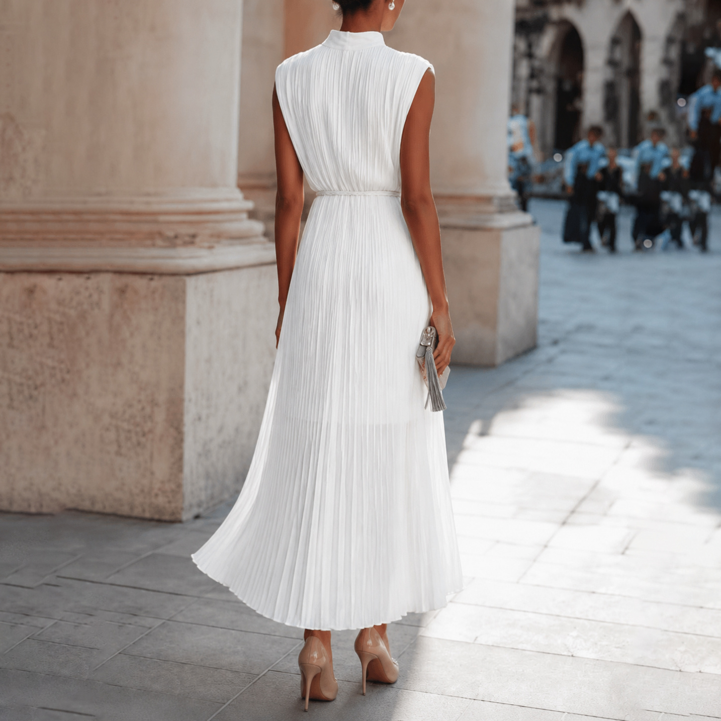 Elegant High Collar With Gathered Details Maxi Dress