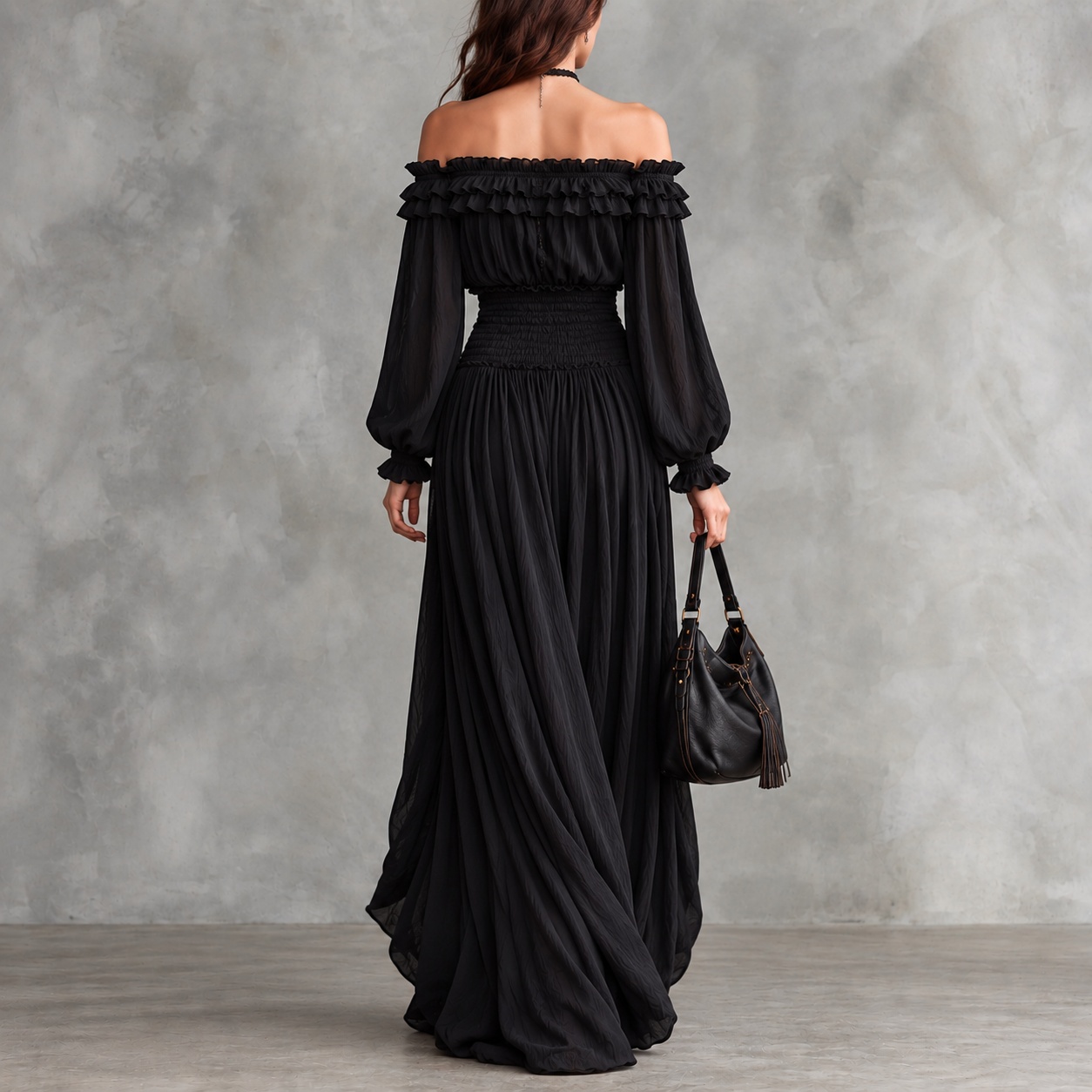 Off-the-shoulder Long-sleeved Ruffled Maxi Dress