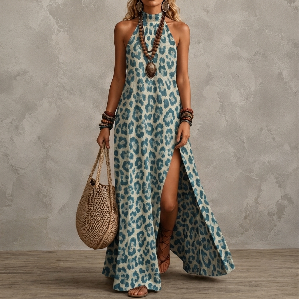 Retro  Printed Sleeveless Design With Slit Hem Maxi Dress