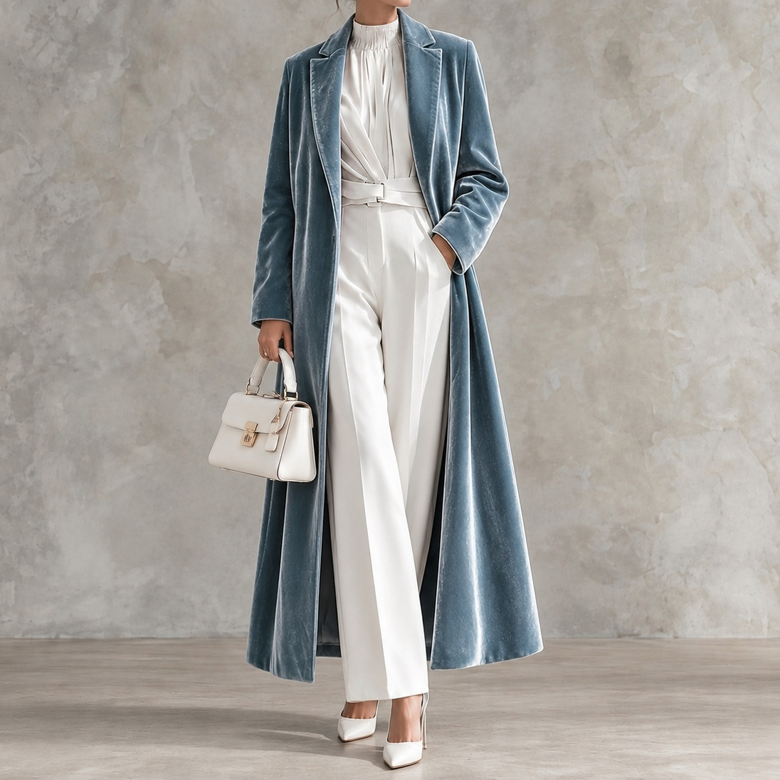 Elegant Long Velvet Coat With Lapels
