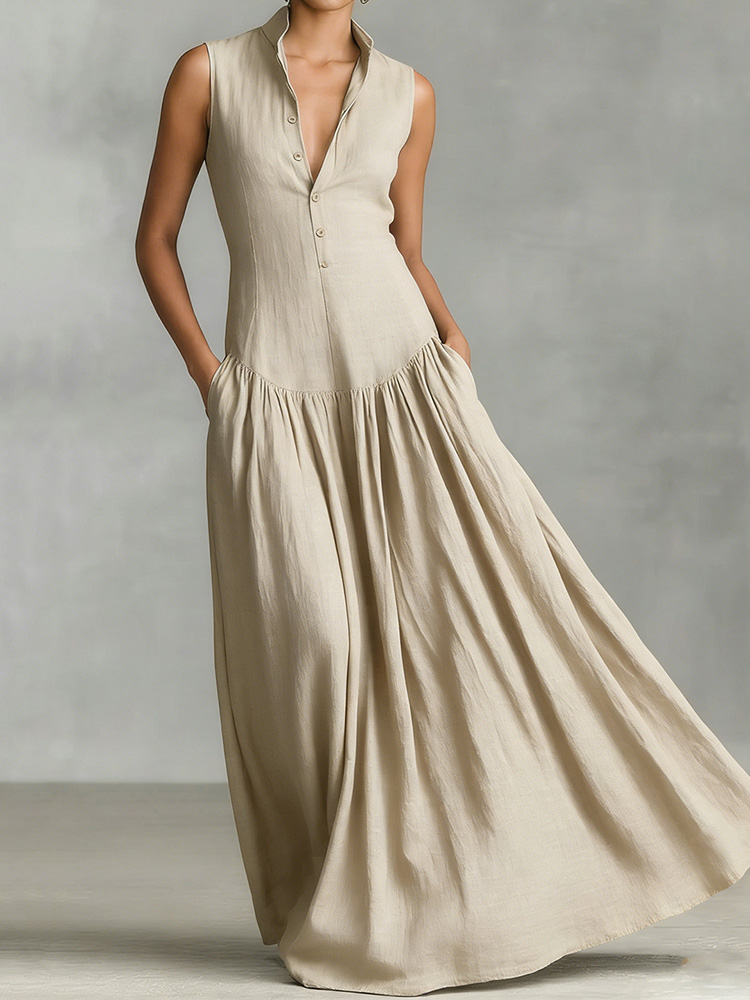French Classic Slim Fit V-neck Cotton Linen Sleeveless Maxi Dress