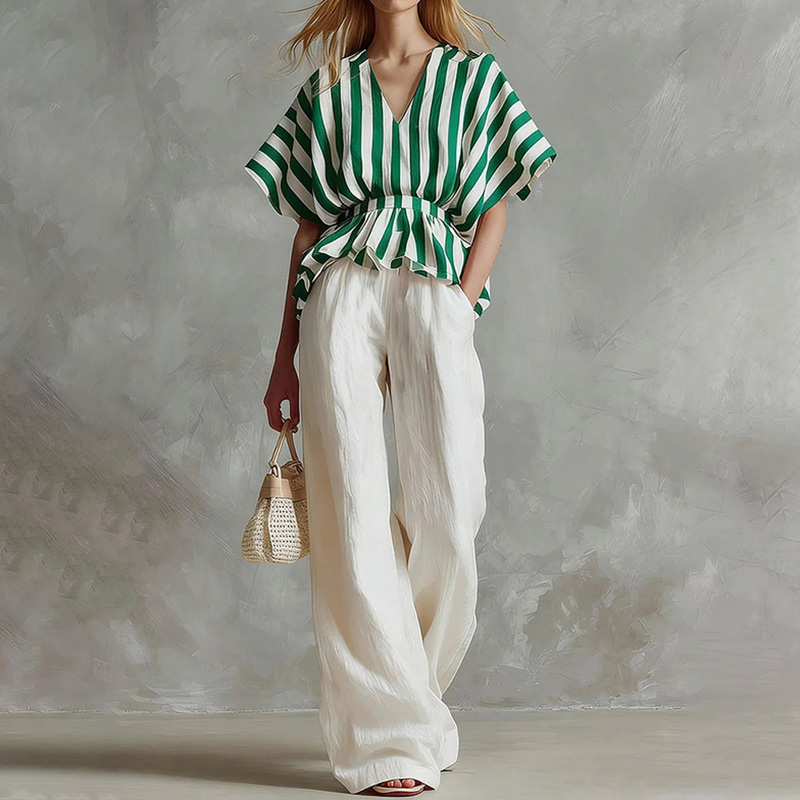 Striped Linen Waist-cinching Top And White Wide-leg Pants Two-piece Set