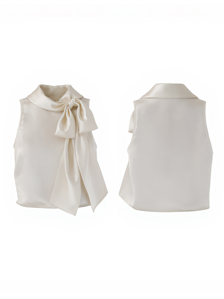 Elegant Champagne White Satin Sleeveless Bow Shirt