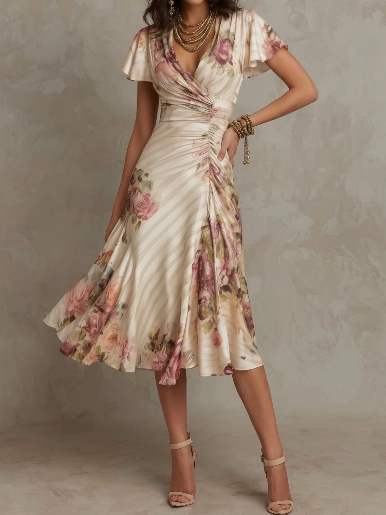 French Print Pleated Floral Elegant Dress