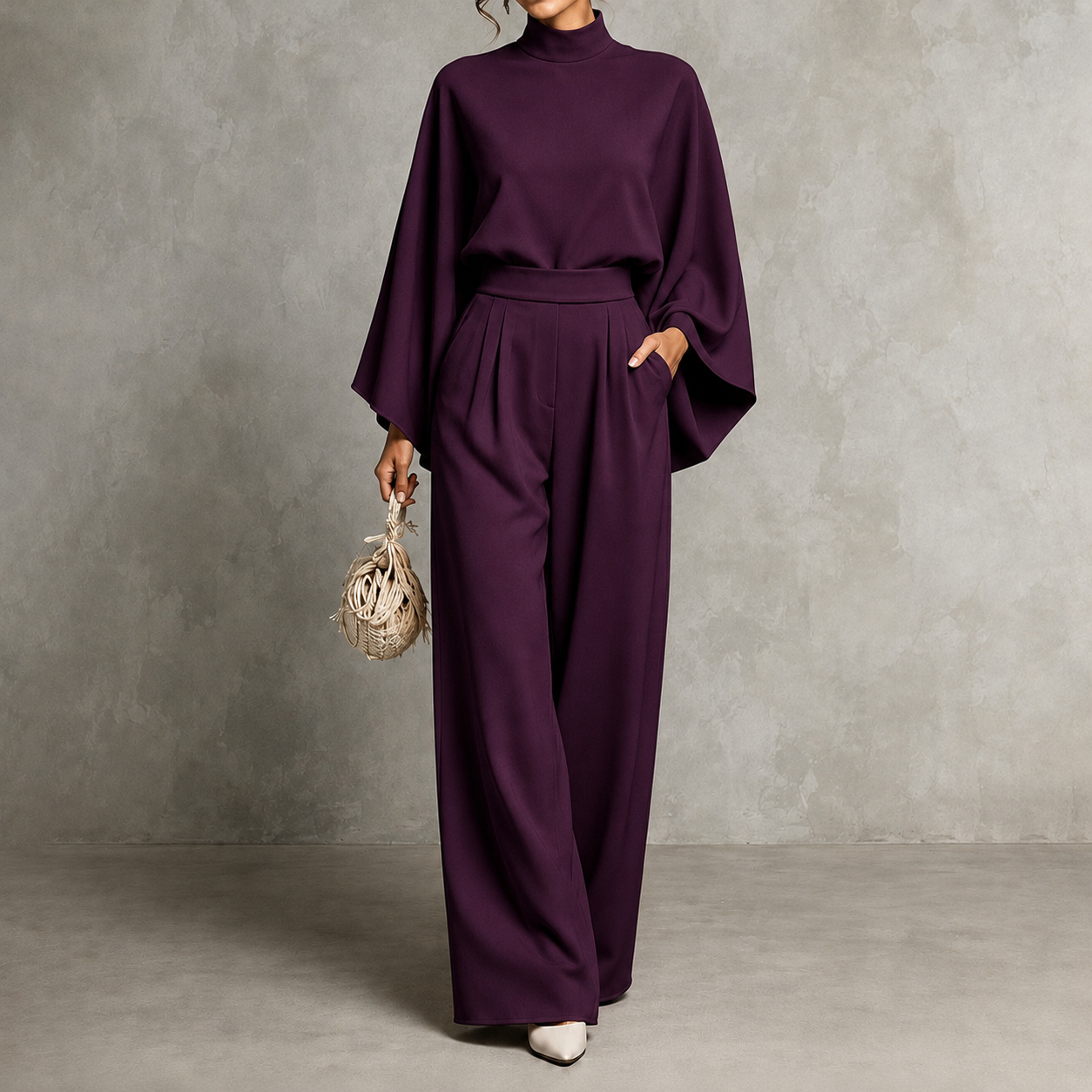 Elegance Solid Color Turtleneck Top + Loose Wide-leg Pants Two-piece Set