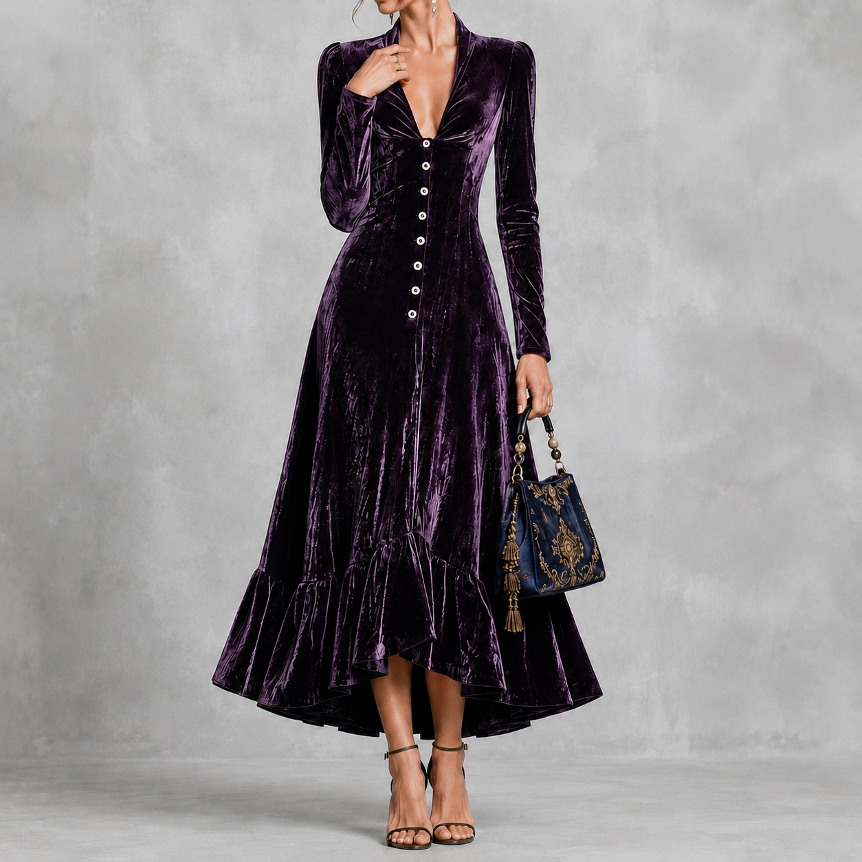 Elegant Solid Color Button-down Collar Long Sleeves Fitted Waist Maxi Dress