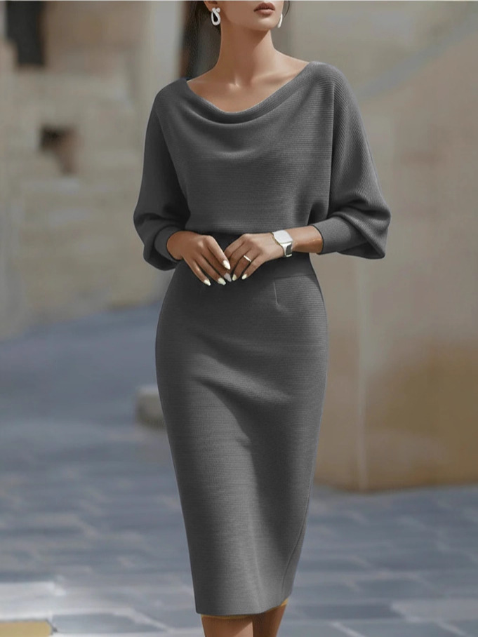 Elegant Temperament Fashionable Bat Sleeve Pure Color Waist-cinching Dress
