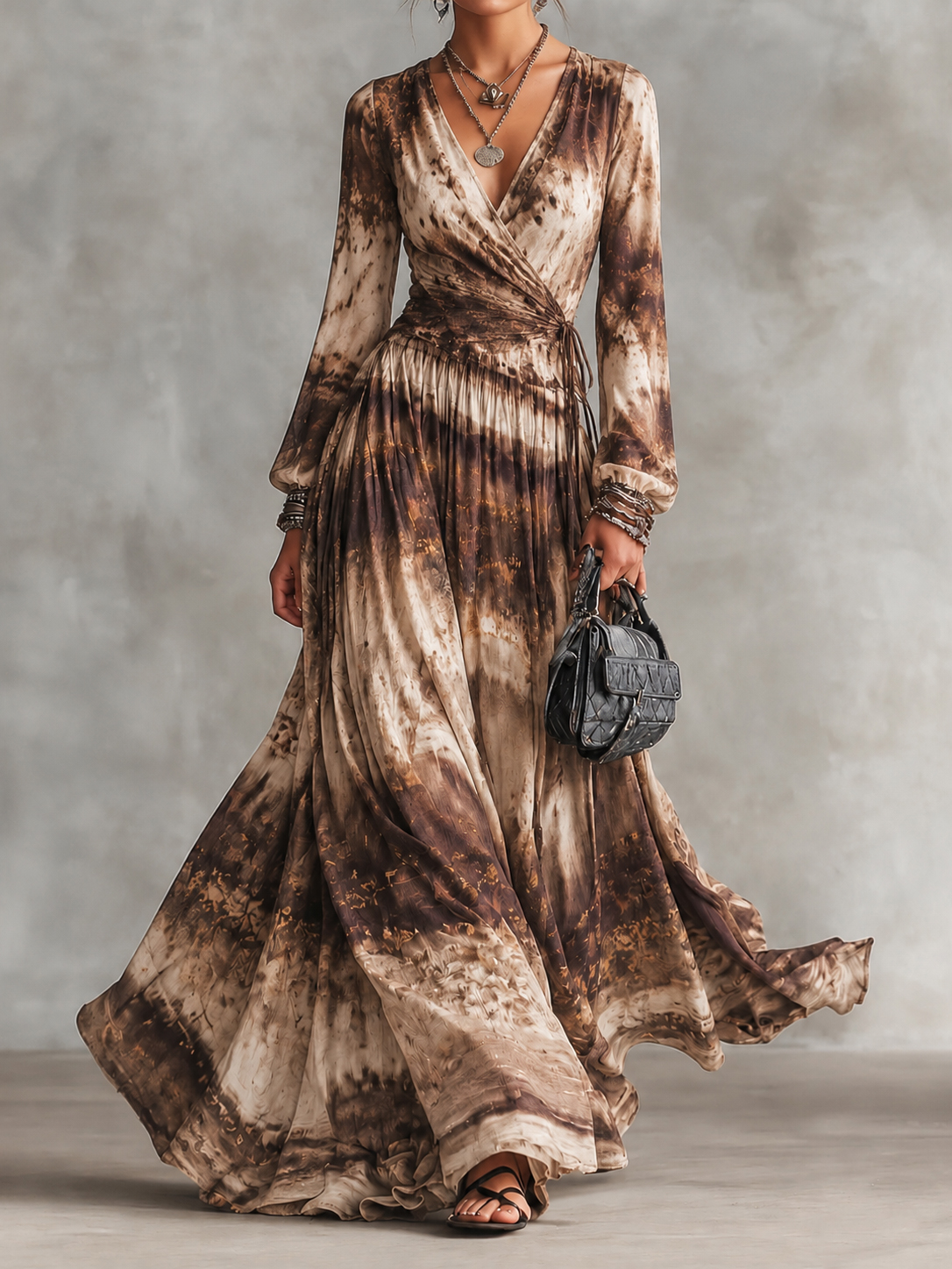 Retro Maillard Patchwork Print V-neck Long Sleeves Dress
