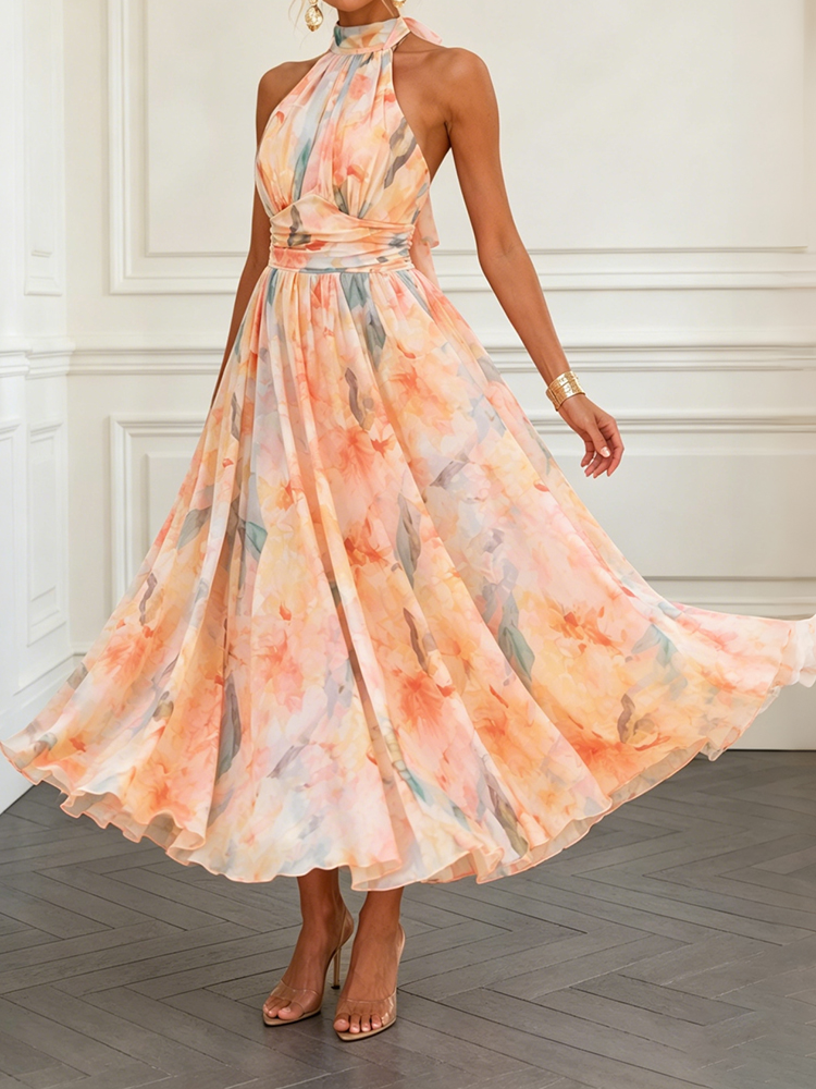 Elegant Colorful Printed Halter Neck Maxi Dress