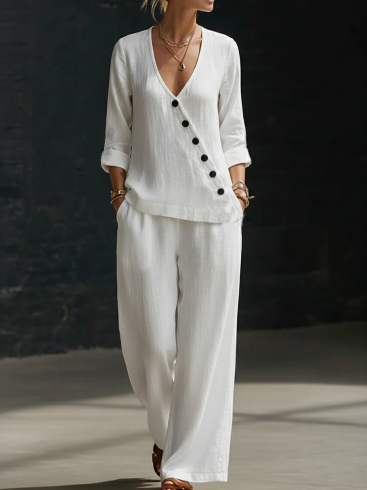 Minimalist Loose V-neck Slant-button Shirt And Wide-leg Pants Two-piece Set
