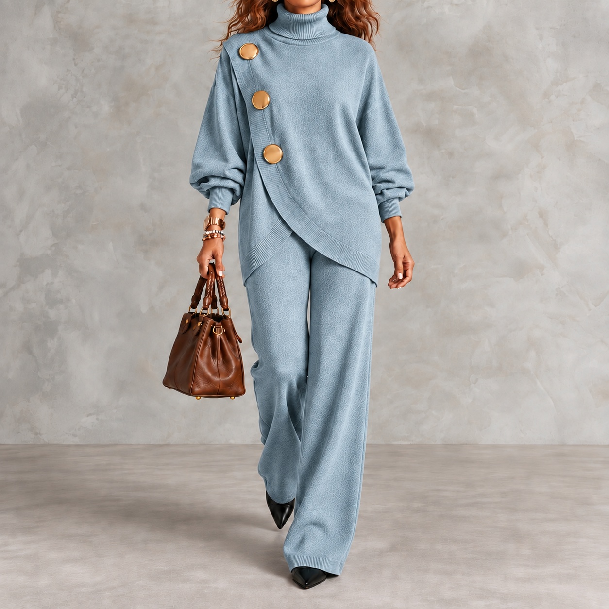 Asymmetric Pocket Button-detail Knit Sweater And Knit Trousers Two-piece Set