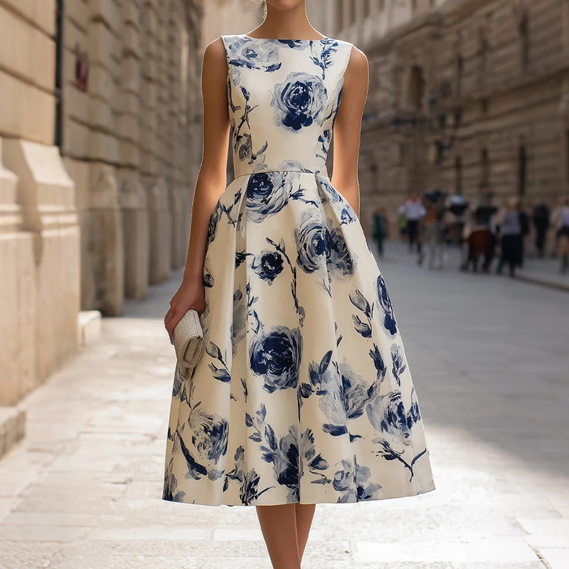 Elegant Rose Print Sleeveless Slim Dress