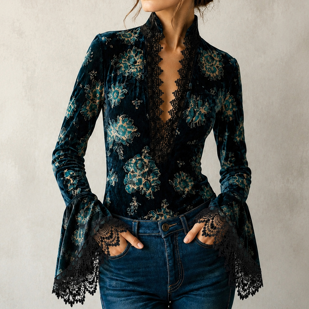 Elegant Lace-trimmed V-neck Long Sleeves Blouse