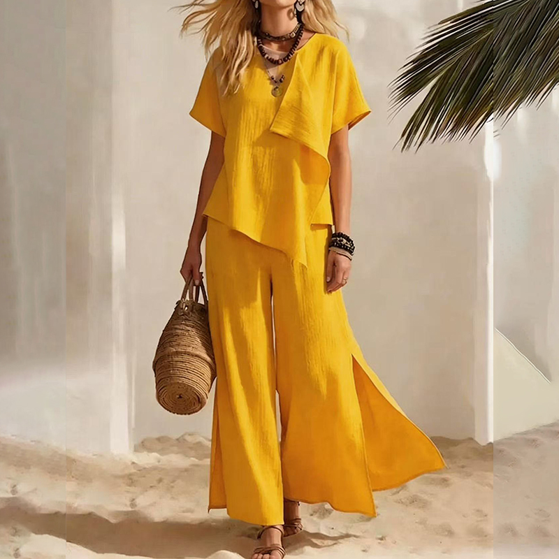 Casual Irregular Tops With Slits And Wide-leg Pantstwo-piece Set