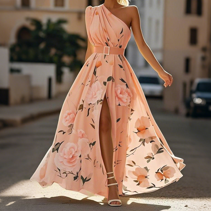Elegant One Shoulder Slit Floral Chiffon Maxi Dress