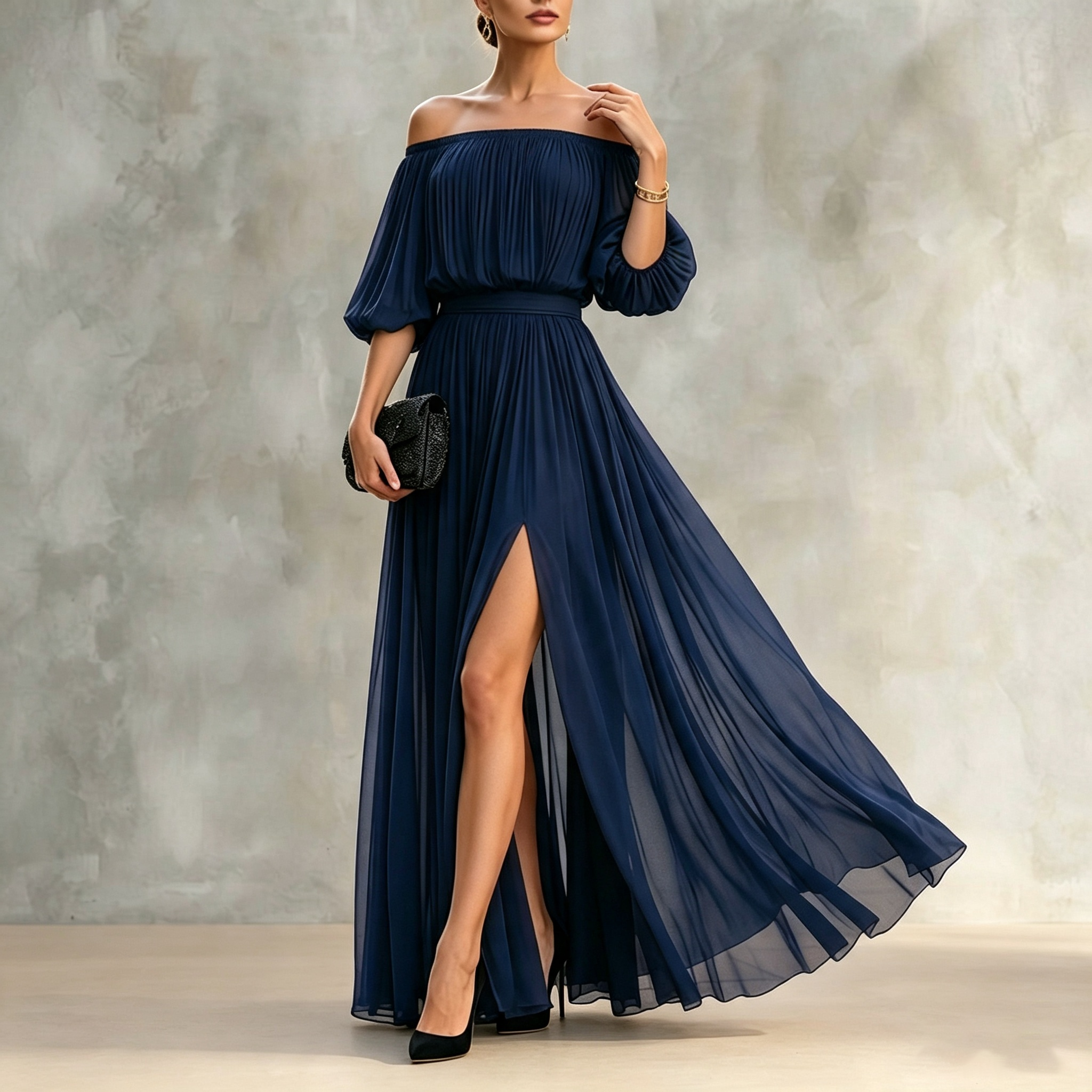Off-shoulder Pleated Chiffon Maxi Dress