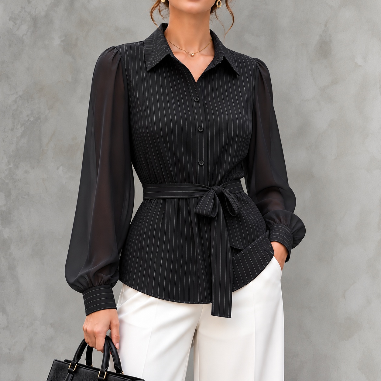 Mesh Panels And Tie-waist Long-sleeve Shirt