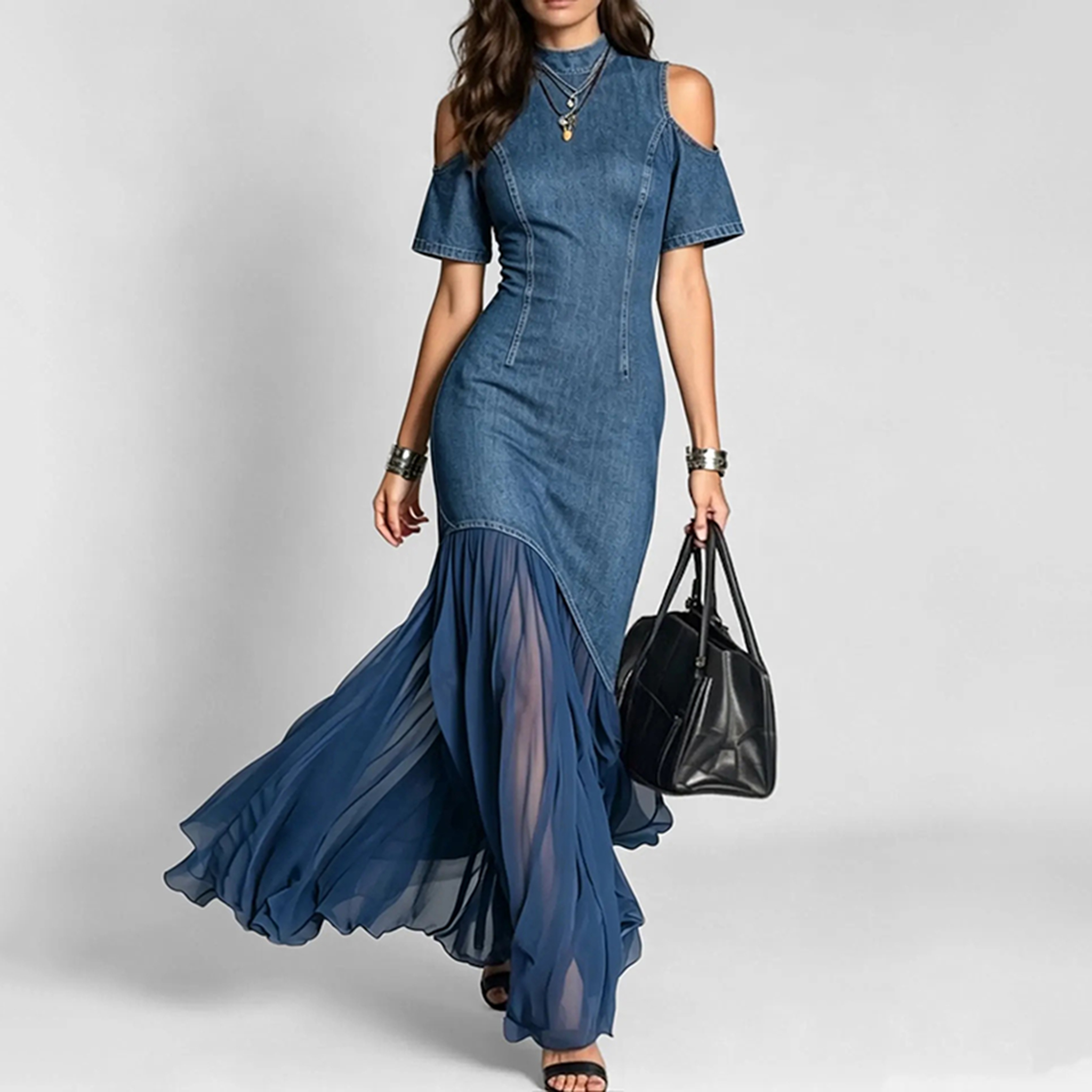 Women's Denim Short Sleeve Patchwork Waist Dress