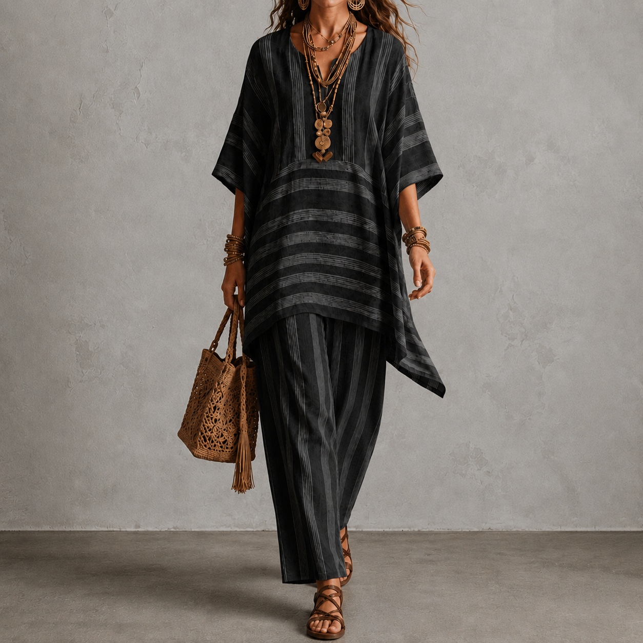 V-neck Loose Striped Top And Loose Wide-leg Pants Two-piece Set