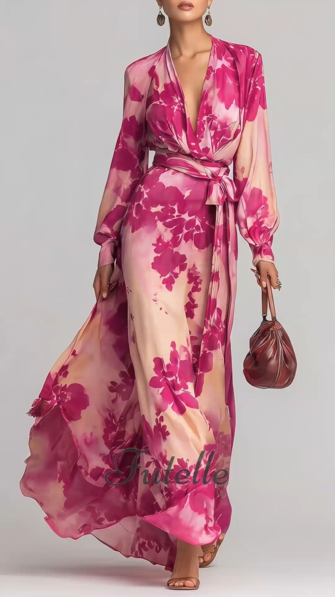 Elegant Printed Chiffon Long-sleeved V-neck Tie Dress