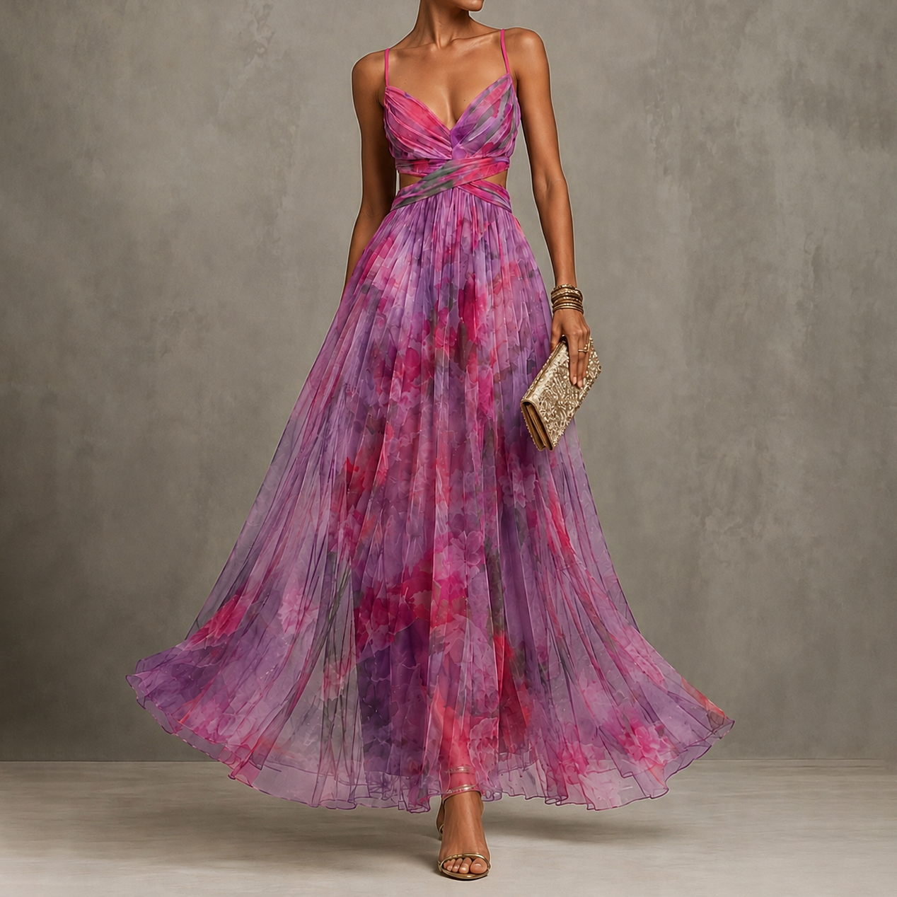 Retro Romantic Floral Wrap Mesh Maxi Dress