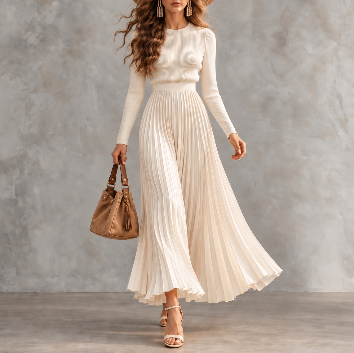 Long-sleeved Crew-neck Top And Pleated Skirt Two-piece Set