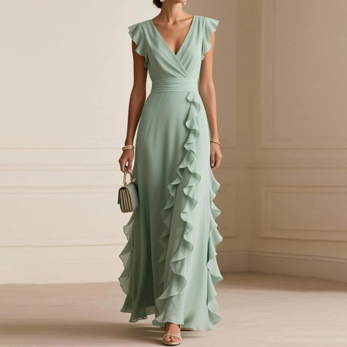 Solid Color Pleated Ruffles V-neck Maxi Dress