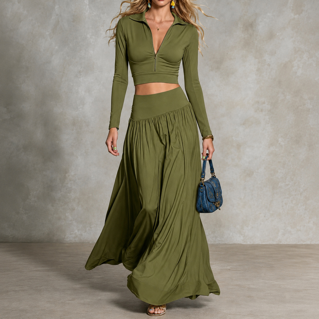 Retro  Solid Color Long-sleeved Top + Skirt Two-piece Set Maxi Dress