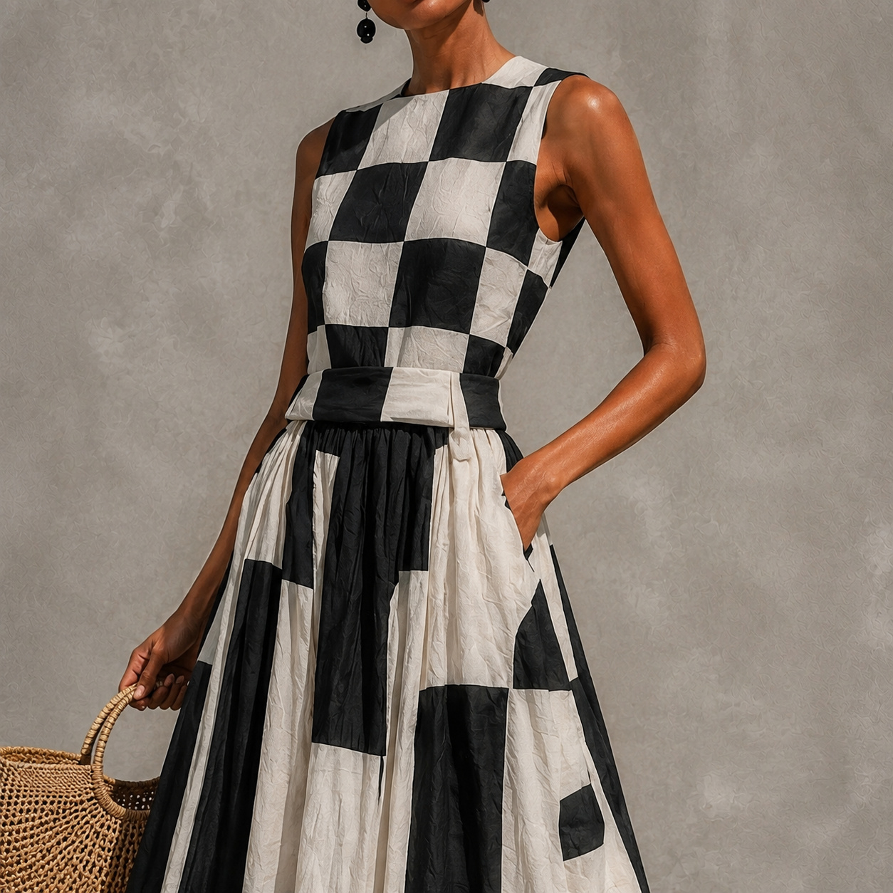 Vacation Checkered Sleeveless Patchwork Maxi Dress