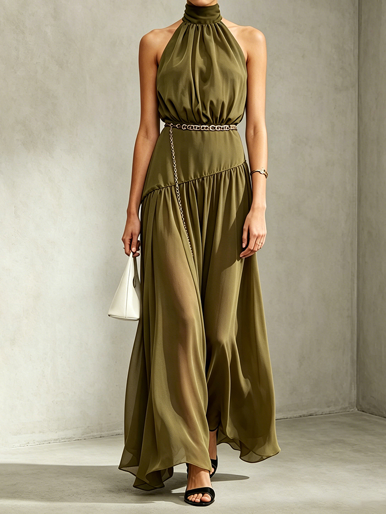 Elegant Halter Neck Backless Ribbon Maxi Dress