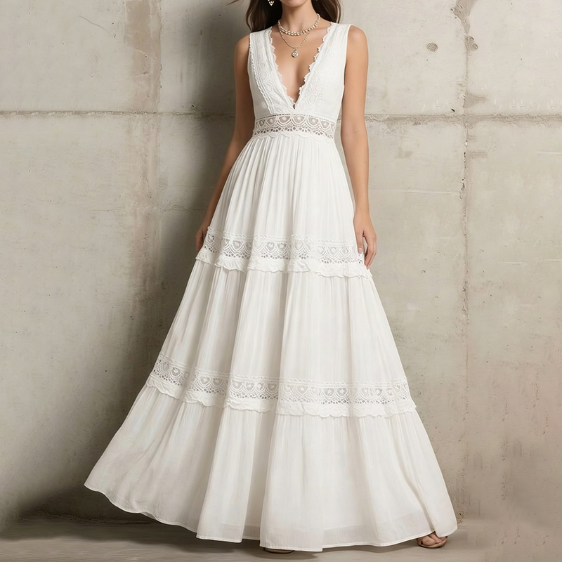 Women's Delicate Lace Hook And Lace Up Sides Maxi Dress