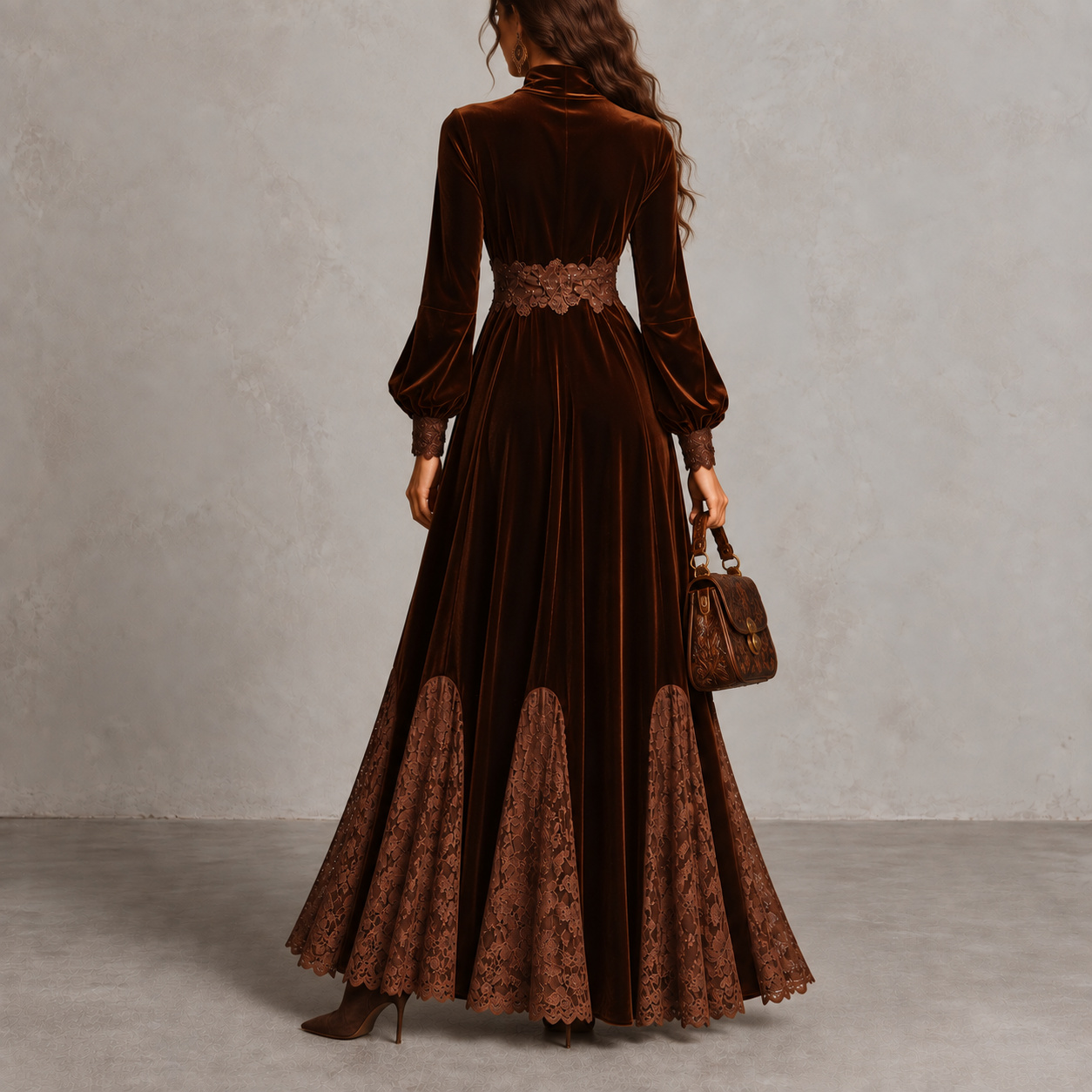 Retro Velvet Lace V-neck Long-sleeve Maxi Dress