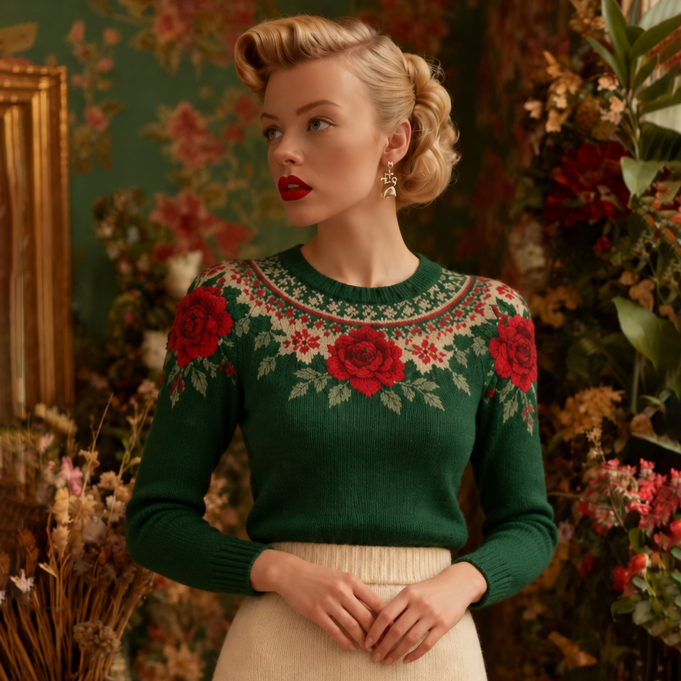 Women's Classic Christmas Floral Art Print Crew Neck Casual Sweater