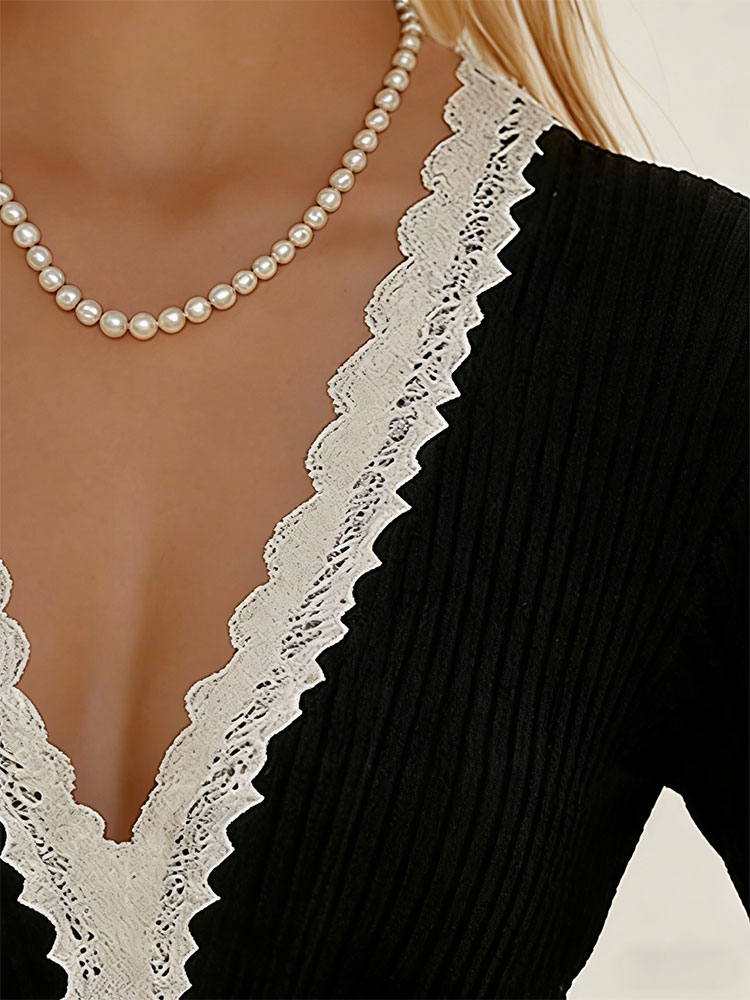 Elegant Temperament V-neck Fashion Lace Trim Fitted Long Sleeve Hip-hugging Dress