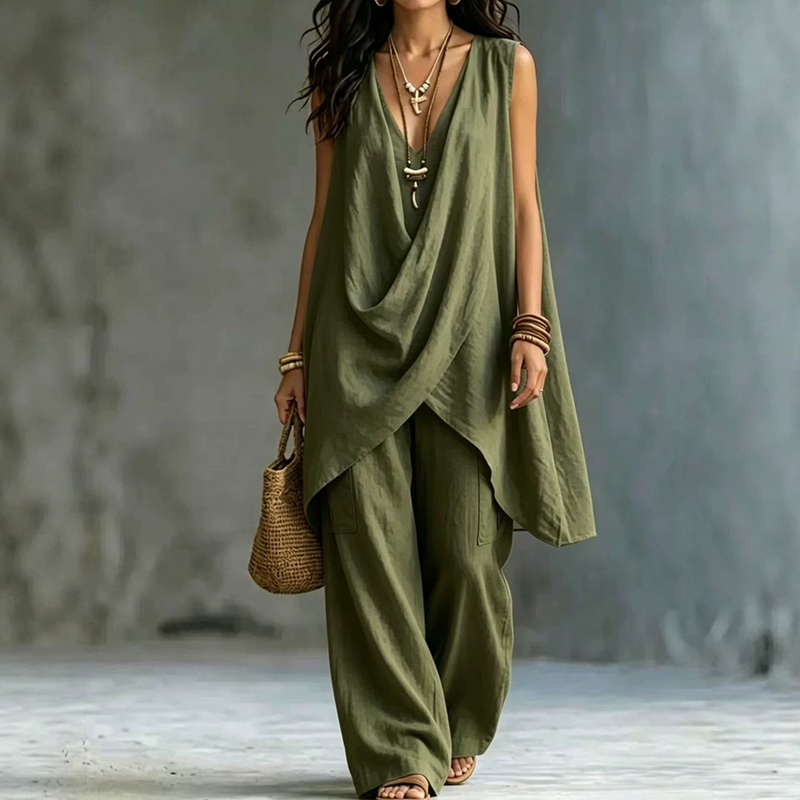 Solid Color Elegant V-neck Sleeveless Tank Top Two Piece Set