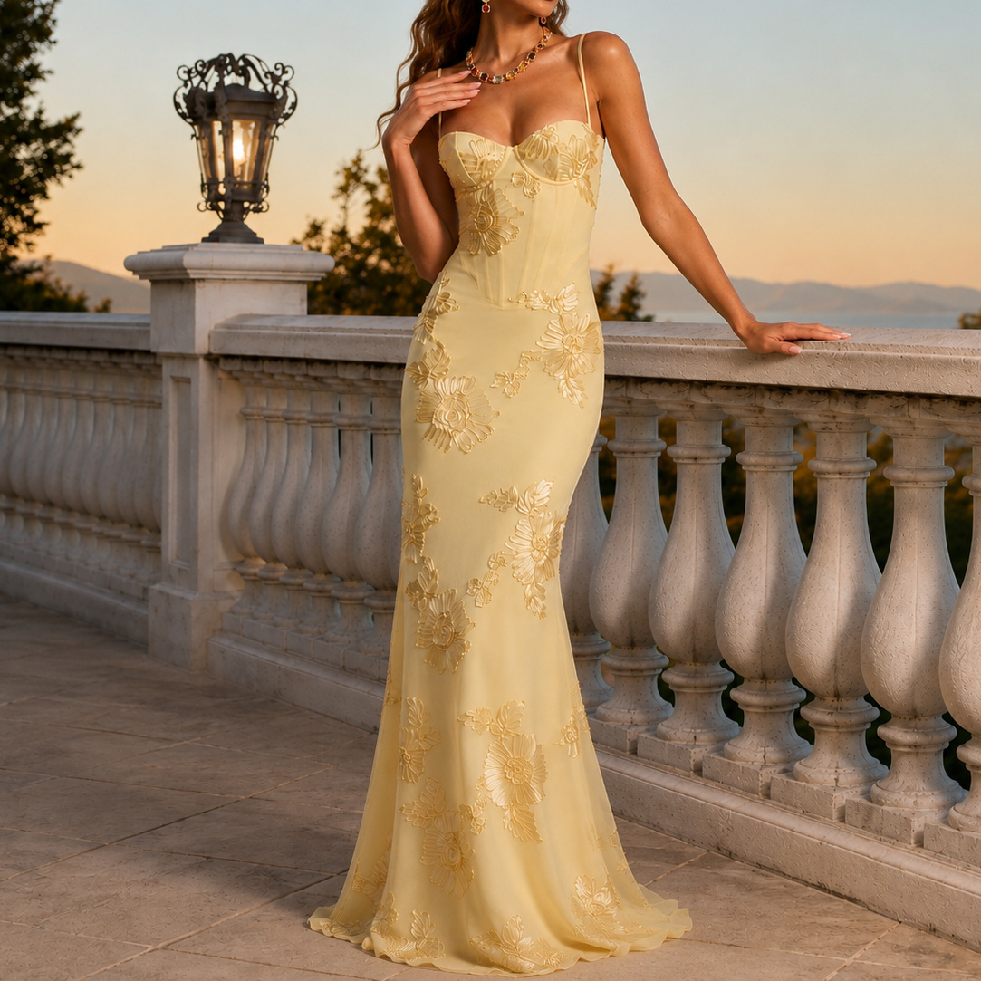 Elegant Fitted French Backless Solid Color Jacquard Evening Dress
