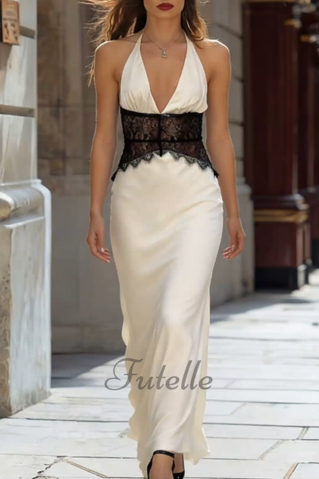 Elegant Lace Patchwork Satin V-neck Maxi Dress